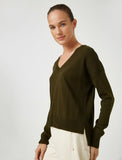19304 V Neck Hi-Low Knitted Sweater - Khaki