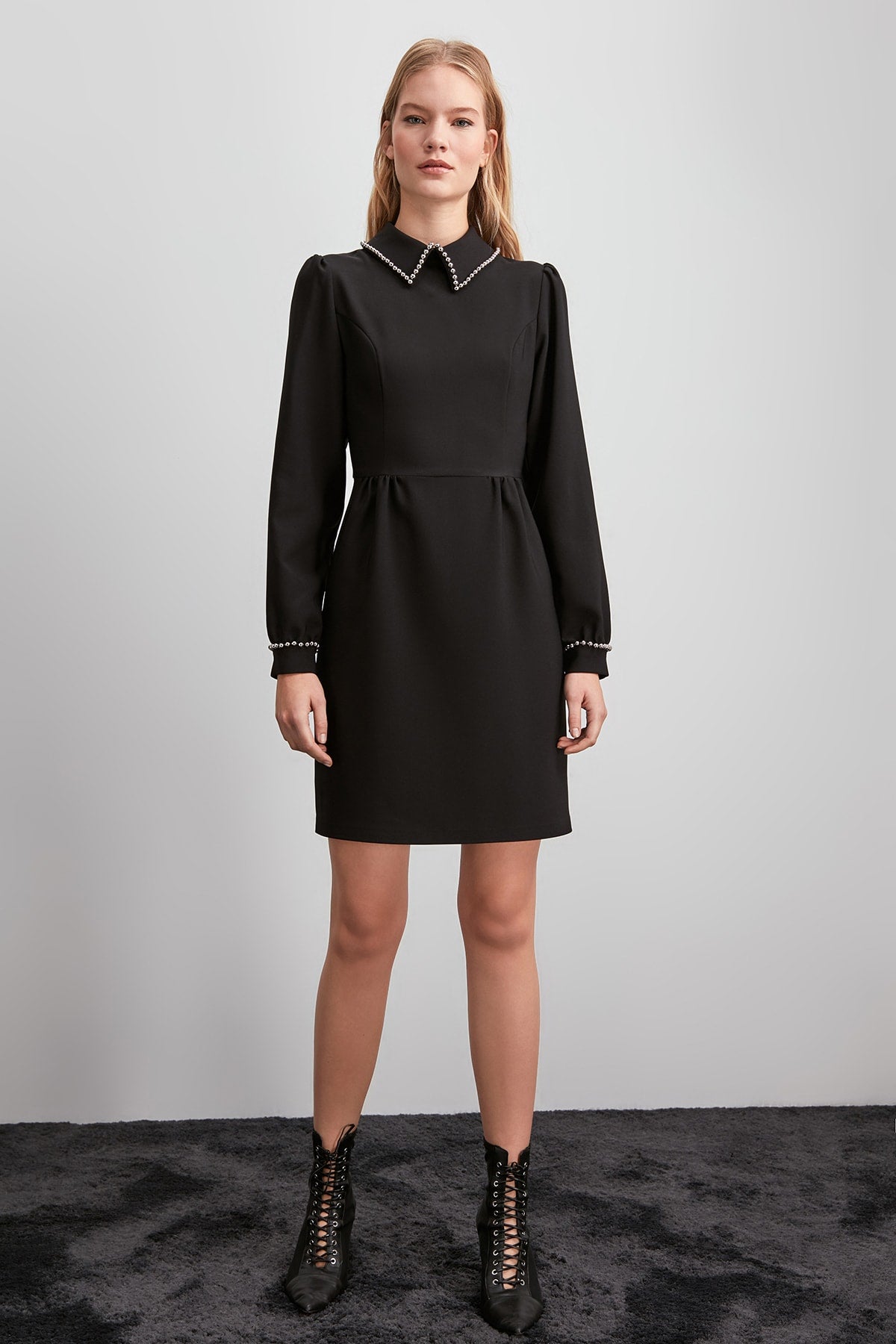 long beaded mother of the bride dresses 79917604 Black Long Sleeve Beaded Collar Dress
