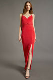 20514b Red Shimmer Slit Dress