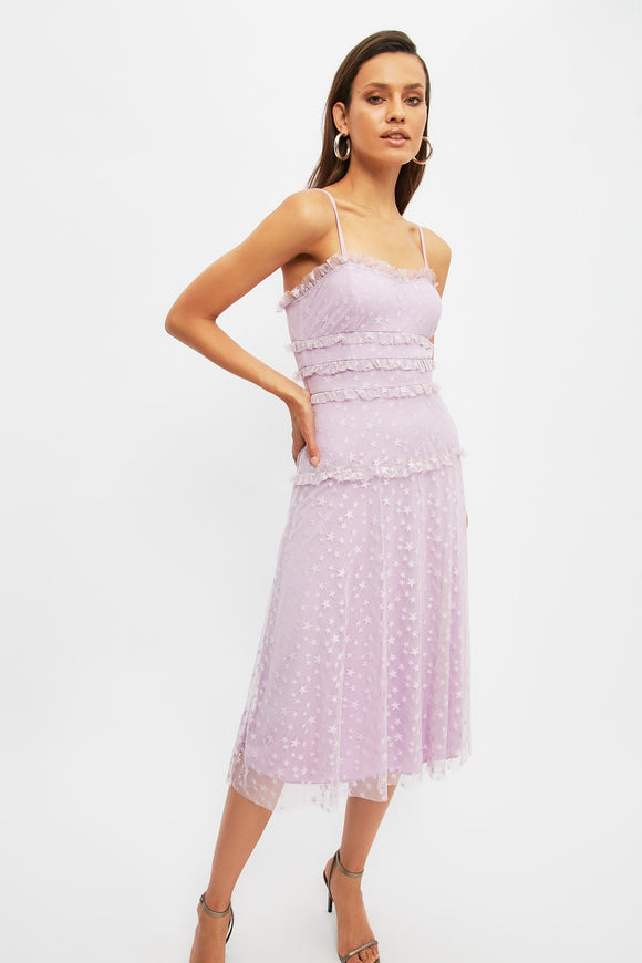 20522b Lilac Ruffle Star Printed Tulle Dress