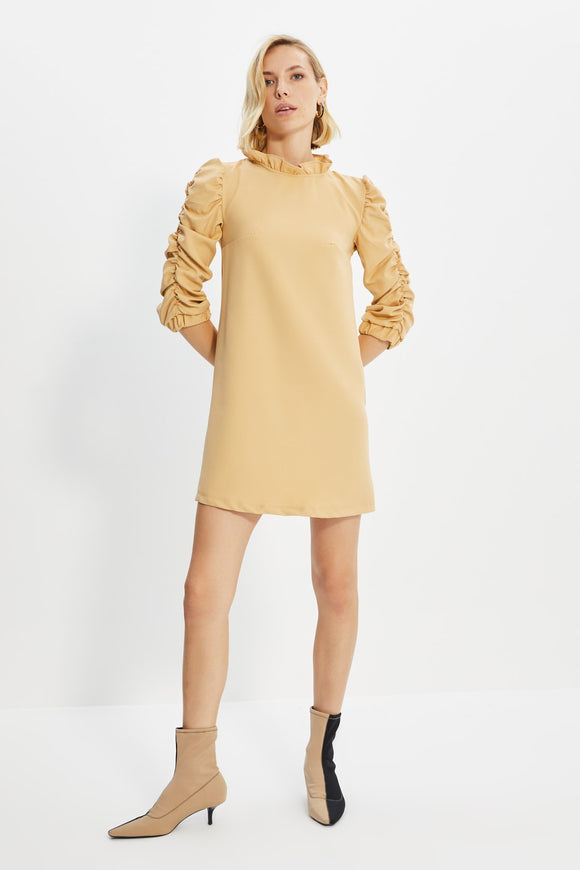 20495b Camel Ruched Sleeve Shift Dress