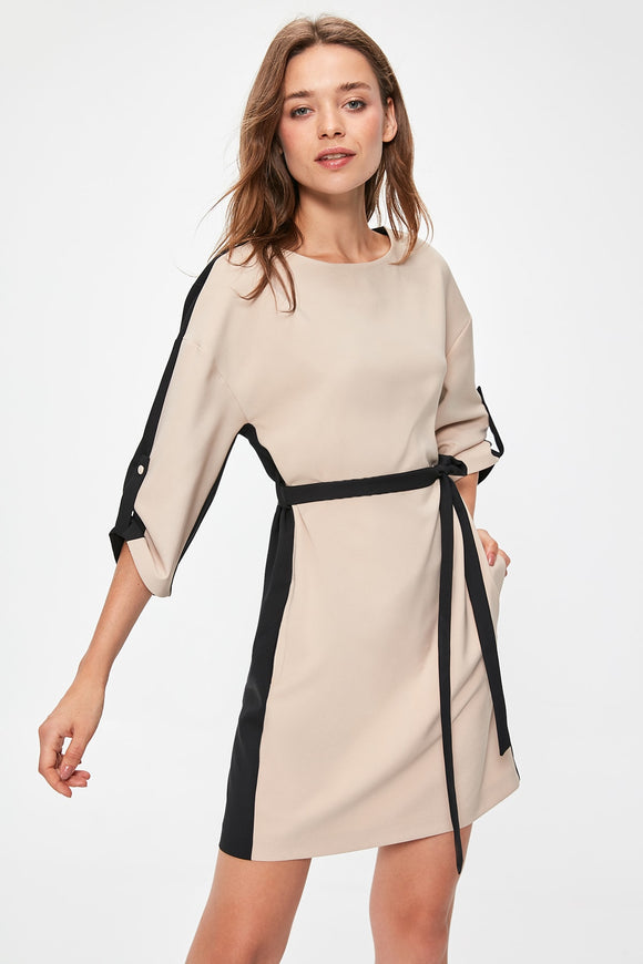  Beige Colour Blocked Waistted Dress TWOAW20EL0711 