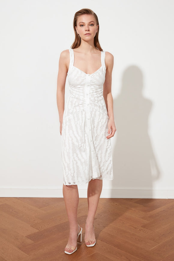 20497b Ecru Button Detail Strap Lace Dress