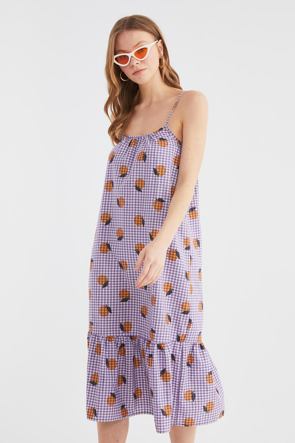20506 Purple Patterned Check Strap Dress