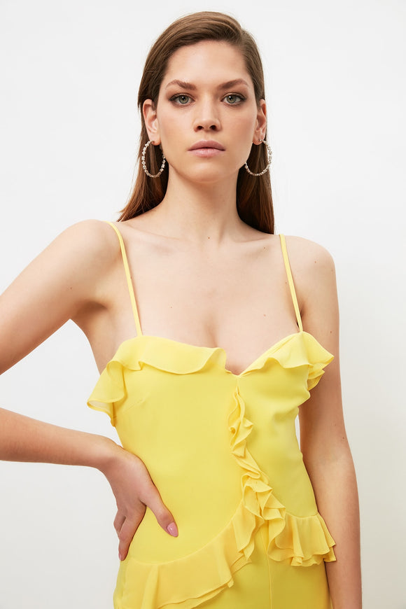 20513b Yellow Ruffle Slit Dress
