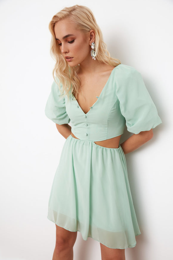 20521b Mint Green Balloon Sleeve Cutout Chiffon Dress