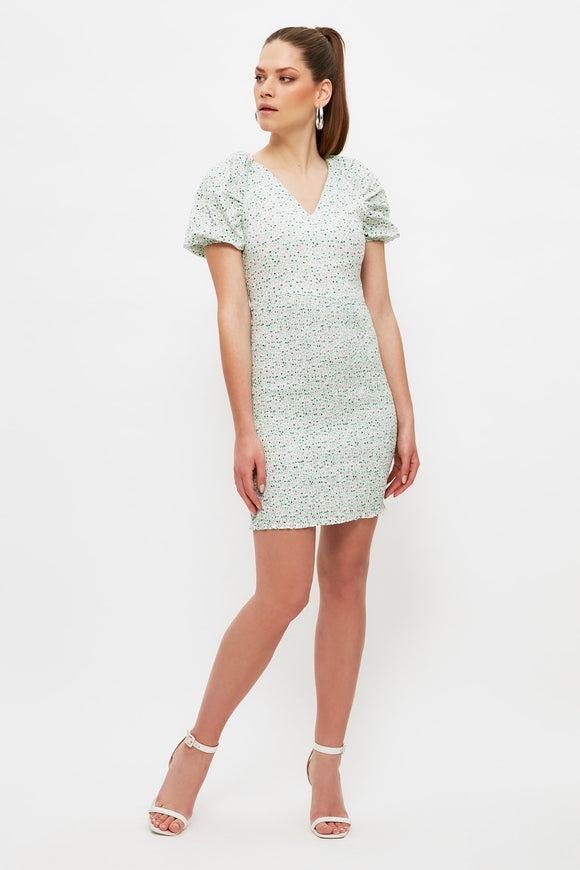 20524b Mint Green Puff Sleeve Elasticated Dress