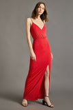20514b Red Shimmer Slit Dress