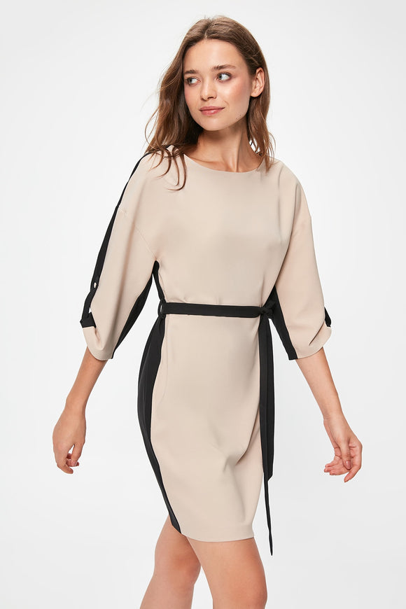  Beige Colour Blocked Waistted Dress TWOAW20EL0711 