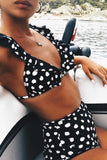 15920 black white polka dot high waist bikini set