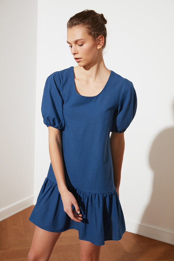 20493b Indigo Puff Sleeve Back Tie Dress
