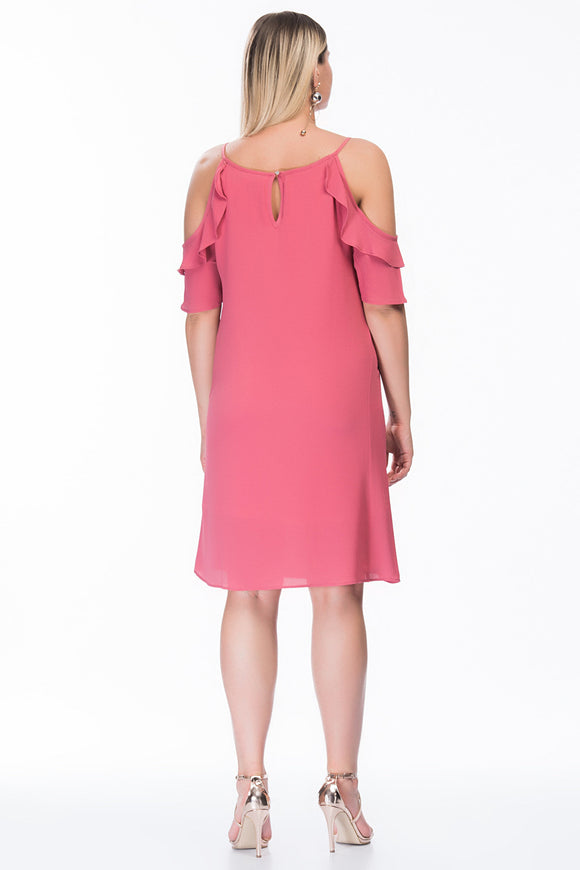 7200076 Pink Off-Shoulder Ruffle Sleeve Dress