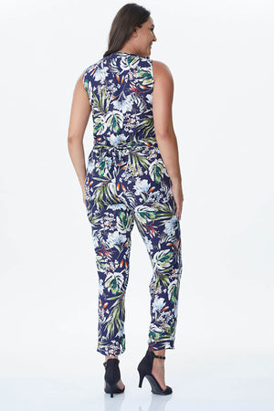 13703 Blue Floral Tie Waist Pocket Jumpsuit