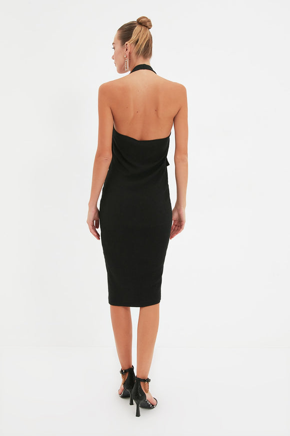20520b Black Draped Waist Halter Bodycon Dress