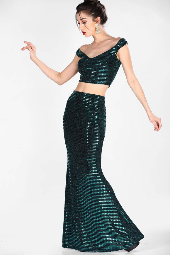8646 Emerald Green Shimmer Skirt & Top Set