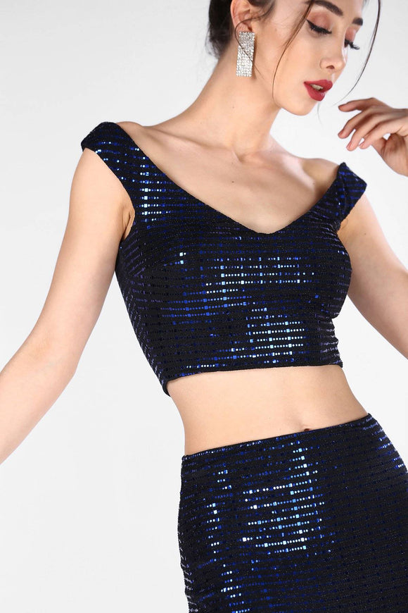 8648 Navy Blue Shimmer Skirt & Top Set