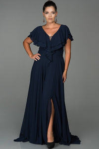 9088 Navy Blue Slit Plus Size Evening Dress