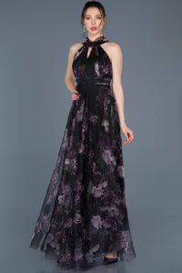 9315 Black Floral Tulle Evening Dress