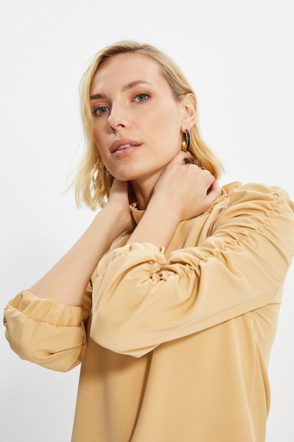 20495b Camel Ruched Sleeve Shift Dress