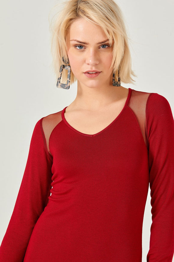 20523b Claret Red Transparent Tulle Detail Bodycon Dress