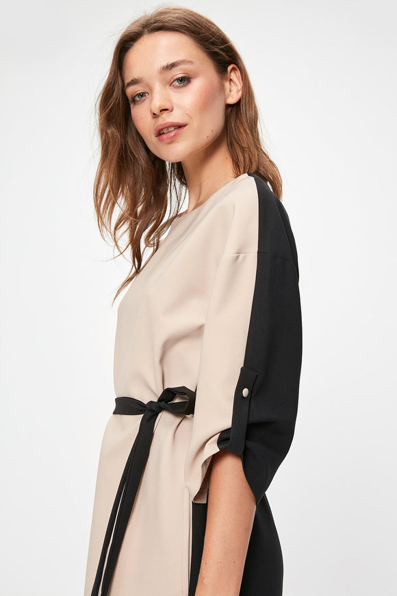  Beige Colour Blocked Waistted Dress TWOAW20EL0711 