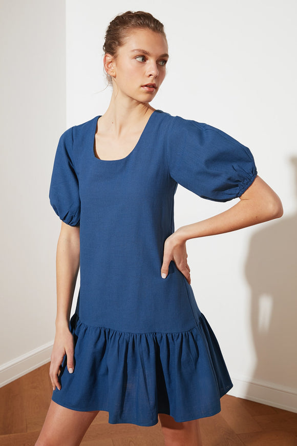 20493b Indigo Puff Sleeve Back Tie Dress