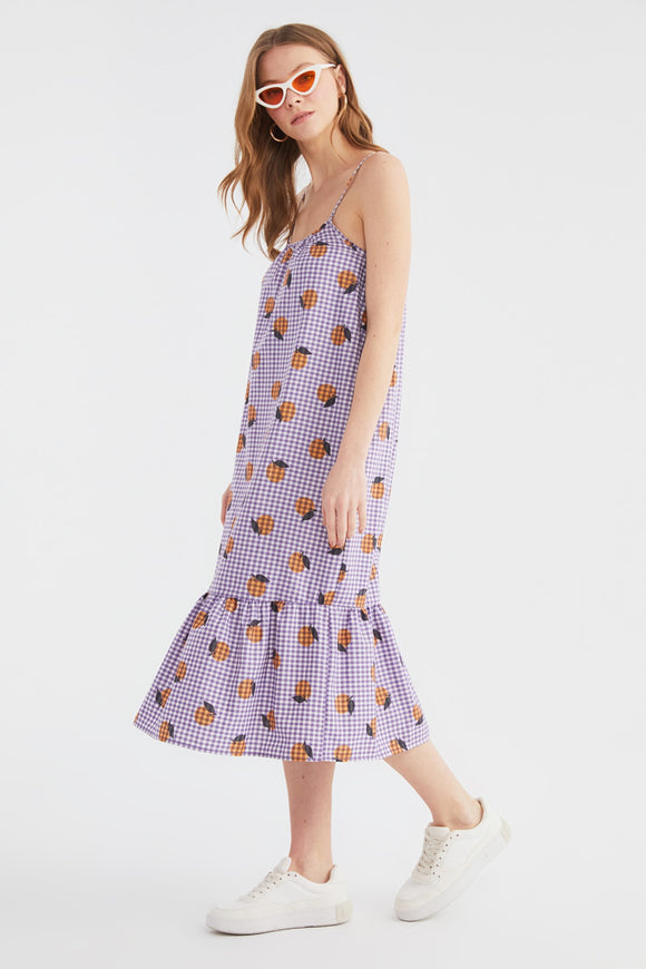 20506 Purple Patterned Check Strap Dress