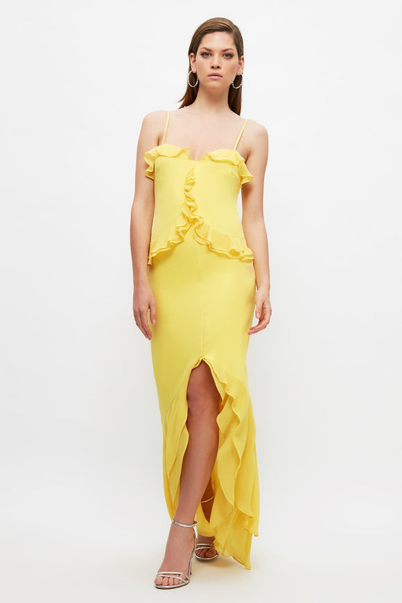20513b Yellow Ruffle Slit Dress