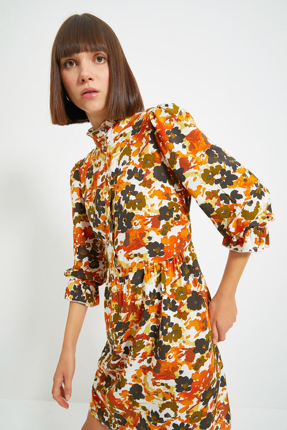 20518B Multi Colour High Collar Floral Dress