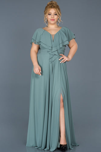 16965B Mint Green Frill Collar Slit Chiffon Dress