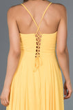 17968 Yellow Back Cross Strap Chiffon Slit Dress