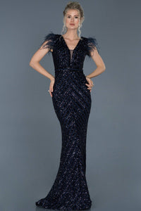 17976 Navy Blue Feather Sleeve Sequins Mermaid Dress
