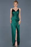 17984 Green Draped Wrap Skirt Slit Satin Dress