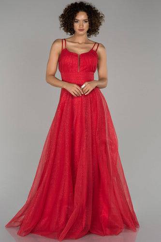 18008b Red Shimmer Tulle Strap Dress