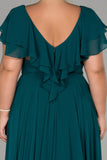 18077 Petrol Green Layered Collar Chiffon Slit Dress