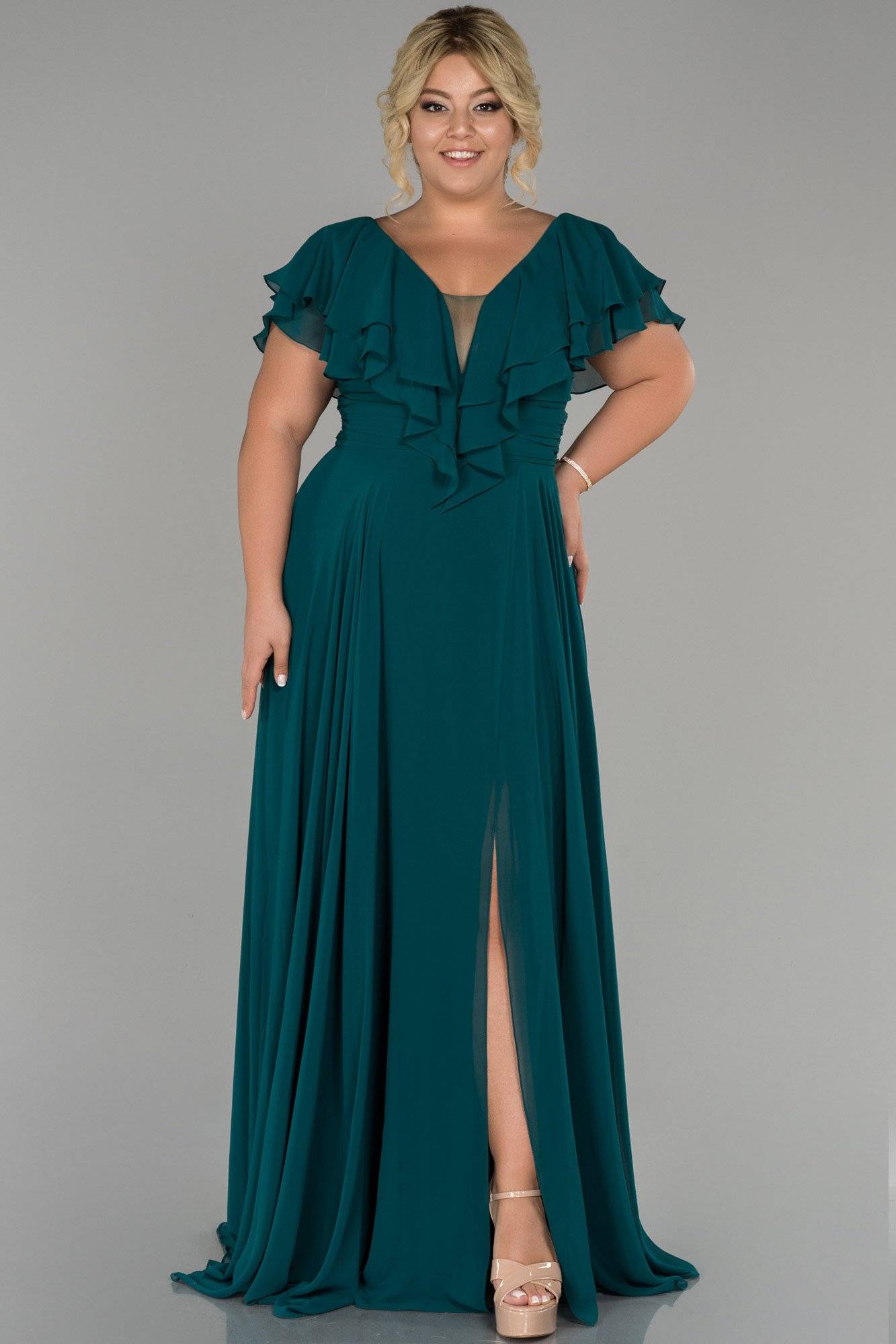 7718077 Petrol Green Layered Collar Chiffon Slit Dress | AMP