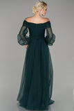 18089 Dark Jade Green Off-Shoulder Slit Dress