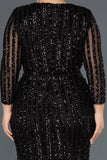 18134 Black Sheer Sleeve Sequins Slit Dress