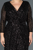18134 Black Sheer Sleeve Sequins Slit Dress