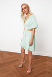 20521b Mint Green Balloon Sleeve Cutout Chiffon Dress