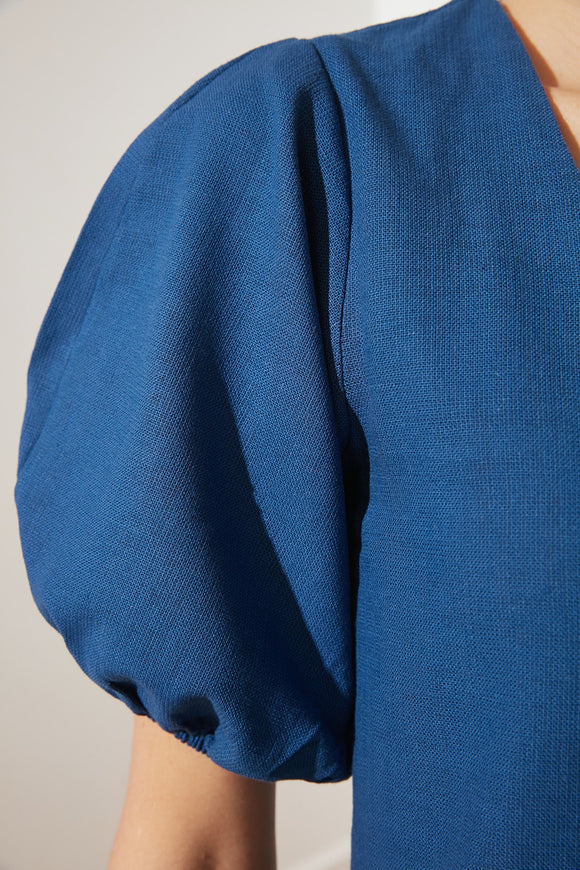 20493b Indigo Puff Sleeve Back Tie Dress