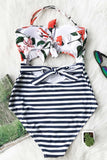 15837 ecru striped floral monokini swimsuit