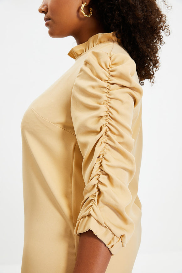 20495b Camel Ruched Sleeve Shift Dress