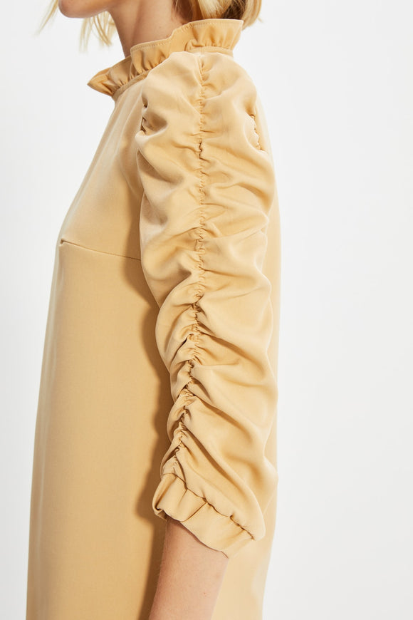20495b Camel Ruched Sleeve Shift Dress