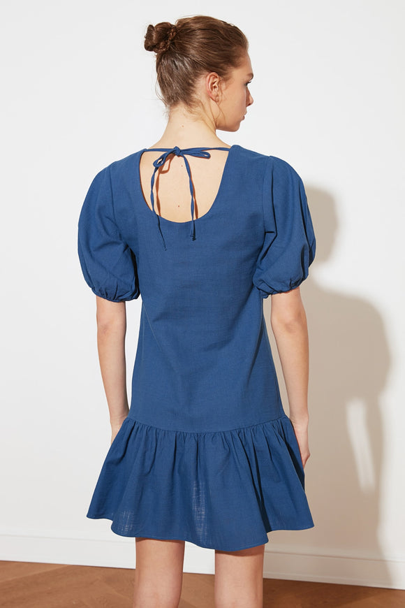 20493b Indigo Puff Sleeve Back Tie Dress