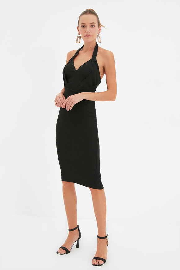 20520b Black Draped Waist Halter Bodycon Dress