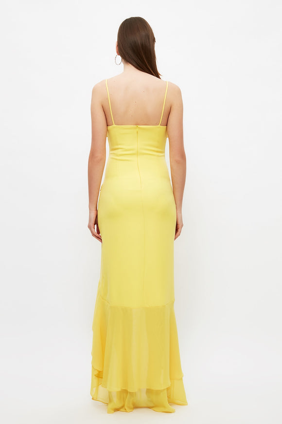 20513b Yellow Ruffle Slit Dress