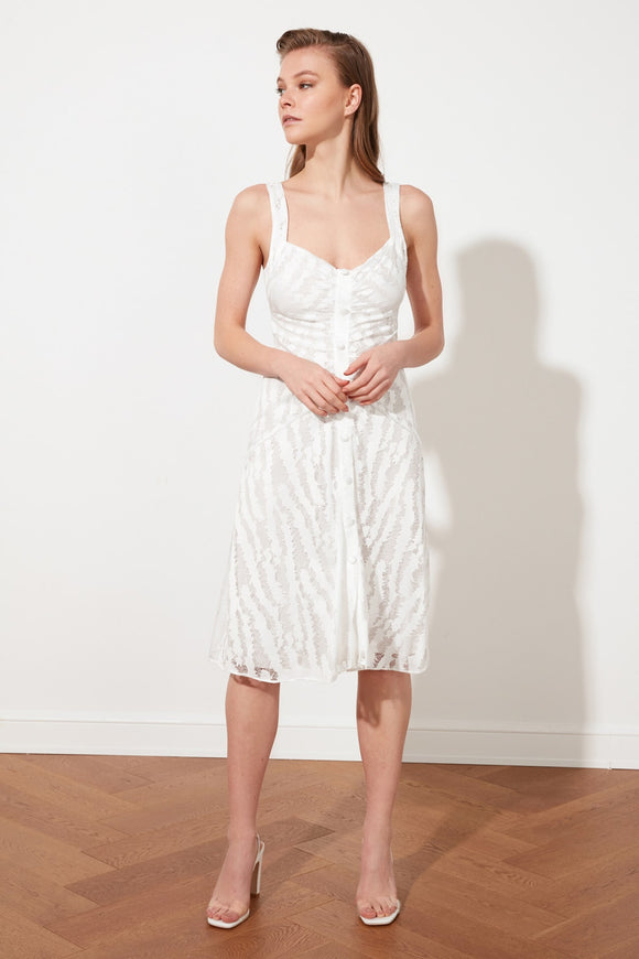 20497b Ecru Button Detail Strap Lace Dress
