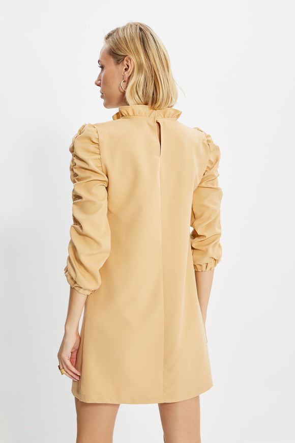 20495b Camel Ruched Sleeve Shift Dress