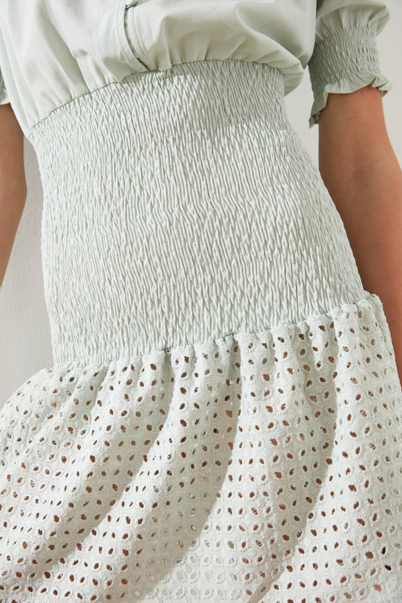 20490b Mint Green Laser Cut Elasticated Waist Dress